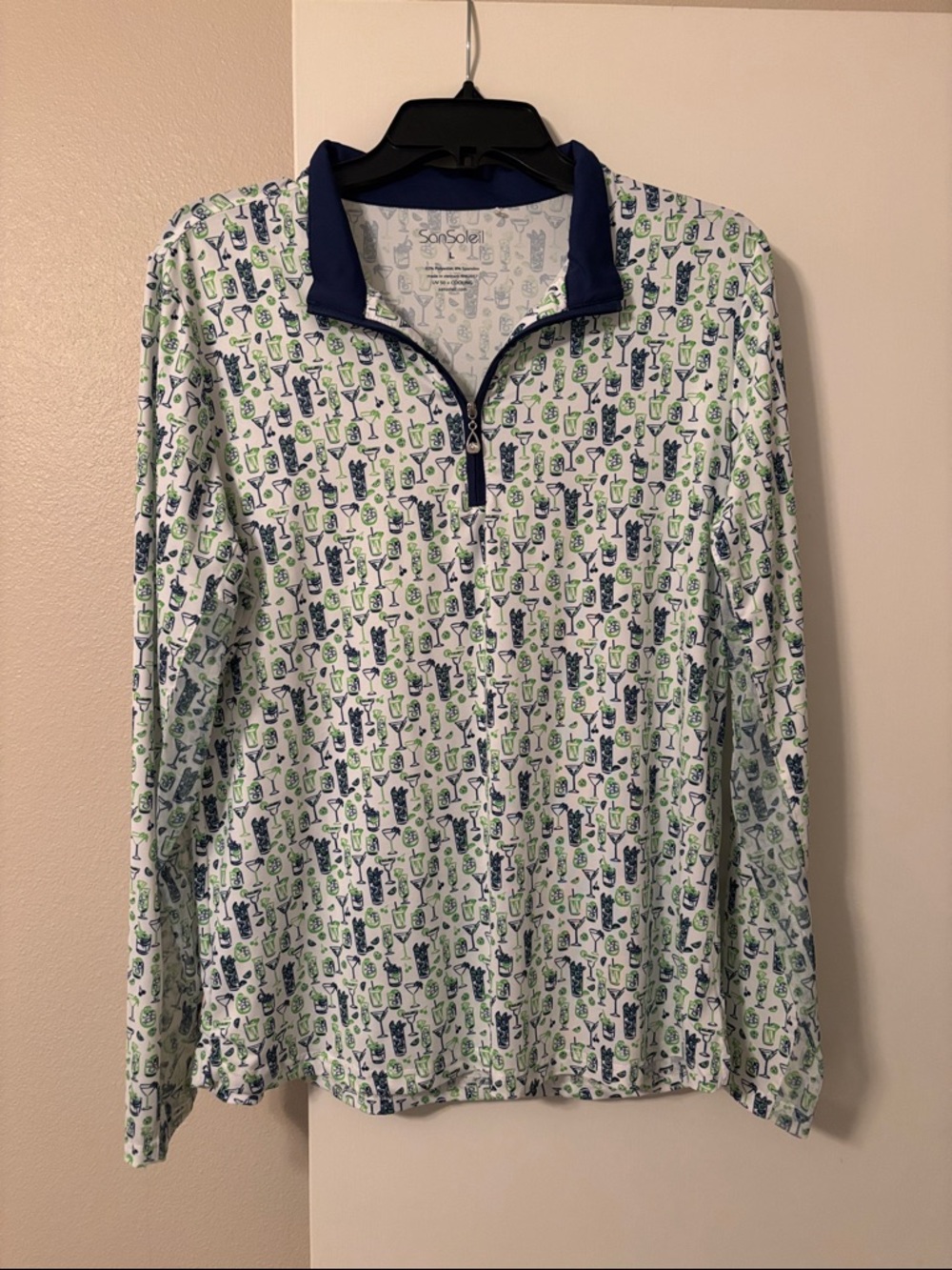 SanSoleil Women's White Long Sleeve Printed Quarter-Zip Top - Navy Trim
